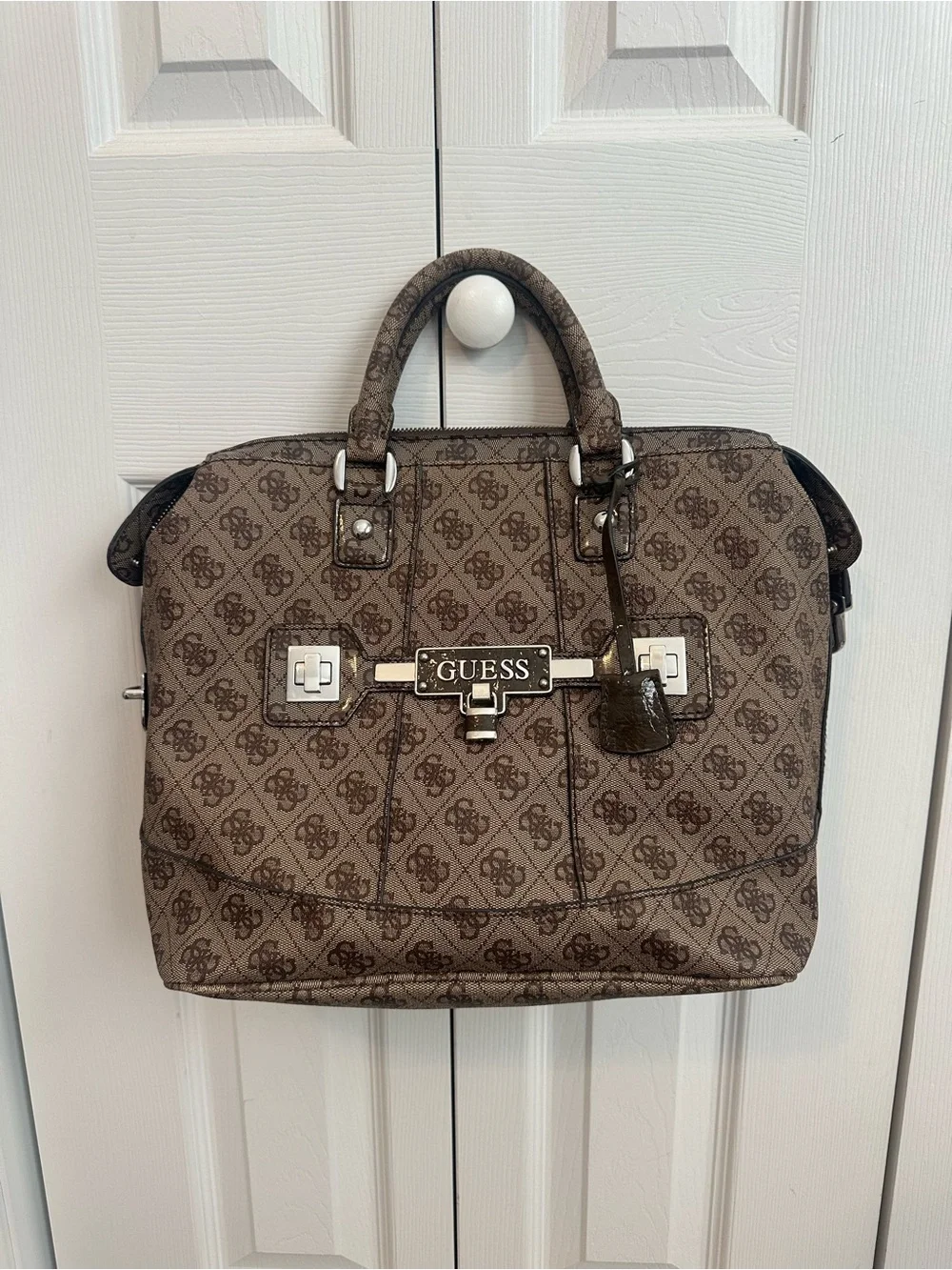 GUESS Brown Monogram Satchel Purse with Logo Plaque